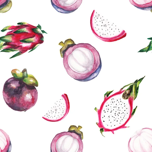 Watercolor dragon fruit and mangosteen pattern — Stock Photo, Image