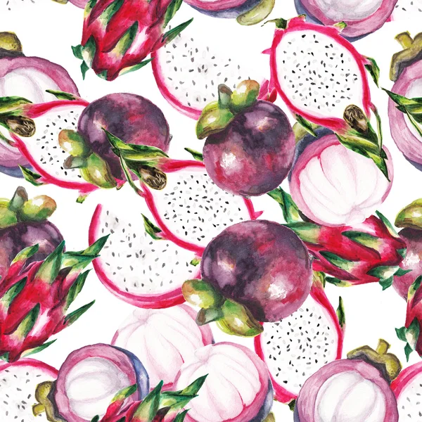 Watercolor dragon fruit and mangosteen pattern — Stock Photo, Image