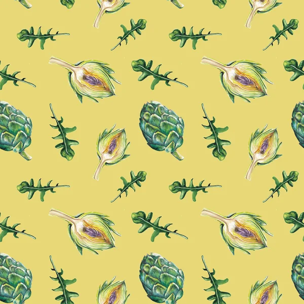 Watercolor artichoke and rucola pattern — Stock Photo, Image