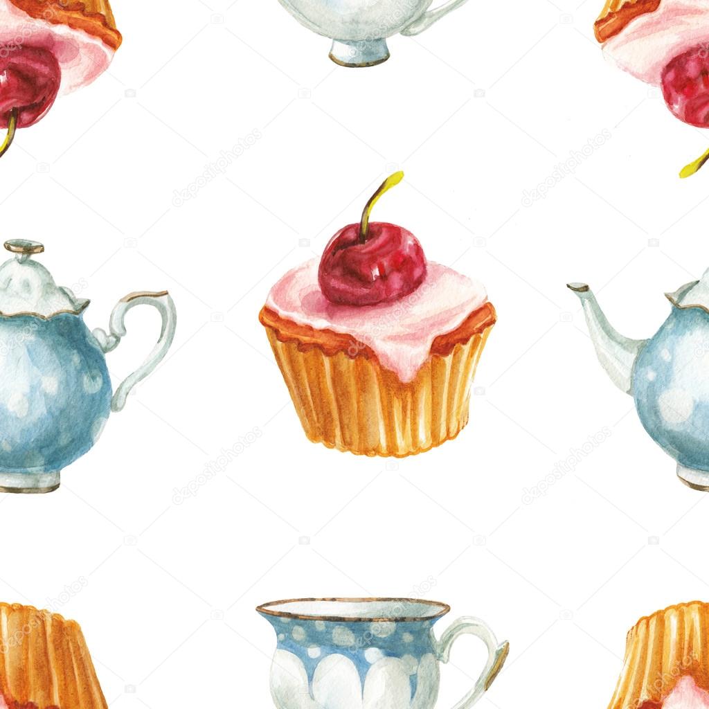 watercolor cake and tea set