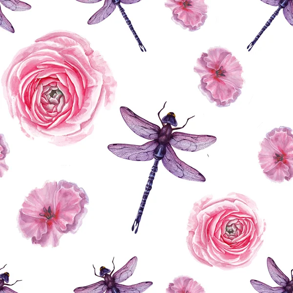 水彩玫瑰和蜻蜓图案 — 图库照片