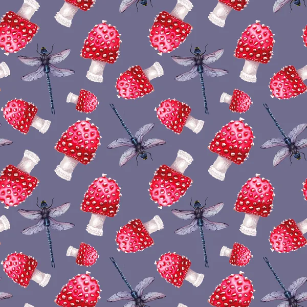 수채화 잠자리와 버섯 패턴 — 스톡 사진