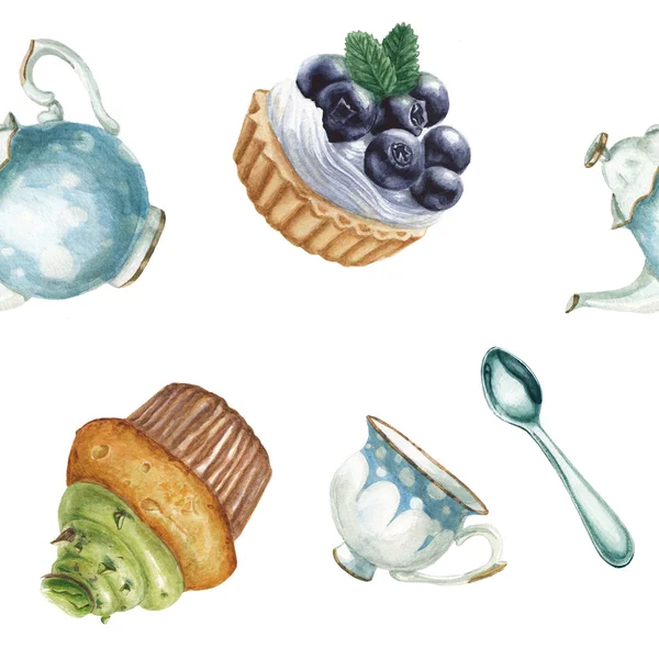 Akvarell, torta és a tea minta — Stock Fotó
