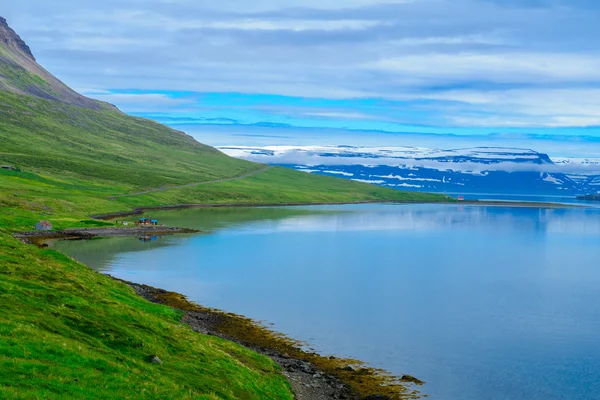 Campo e paisagem ao longo do fiorde Seydisfjordur — Fotografia de Stock