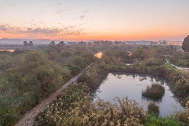 Sulak arazi ve antik kanal sistemi üzerinde gün doğumu manzarası, En Afek doğa rezervi, Kuzey İsrail