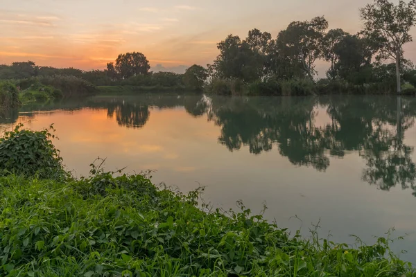 Vista Sul Tramonto Del Lago Nel Parco Nazionale Yarkon Tel — Foto Stock