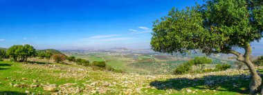 Yukarı Celile 'deki Evyatar Dağı' ndan Hula Vadisi ve Golan Tepeleri 'ne doğru panoramik manzara. Kuzey İsrail