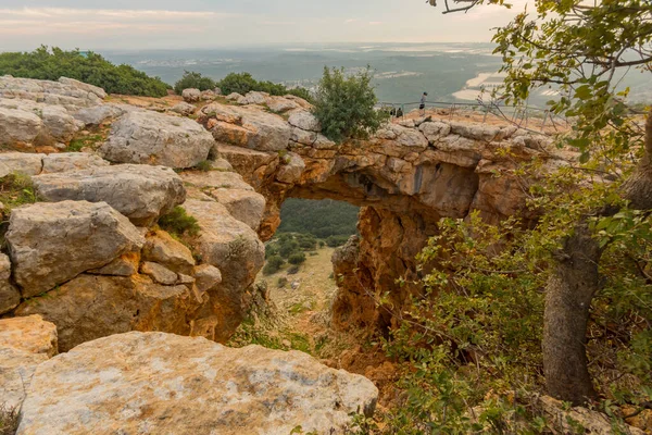 Pohled Keshetovu Jeskyni Při Západu Slunce Vápencový Oblouk Nad Pozůstatky — Stock fotografie