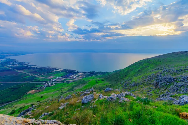 Morgonutsikt Över Galileiska Sjön Från Väster Arbelberget Norra Israel — Stockfoto