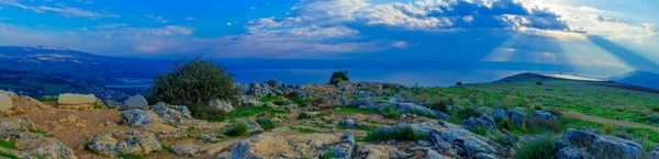 Панорамный Утренний Вид Галилейское Море Солнечными Лучами Запада Гора Арбель — стоковое фото