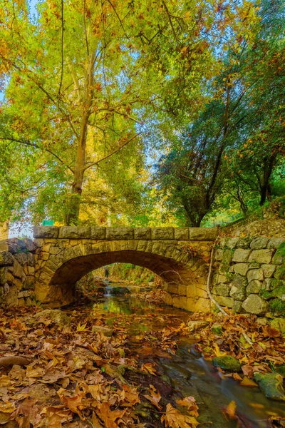 Vista Córrego Kesalon Com Uma Ponte Pedra Árvores Folhagem Queda — Fotografia de Stock