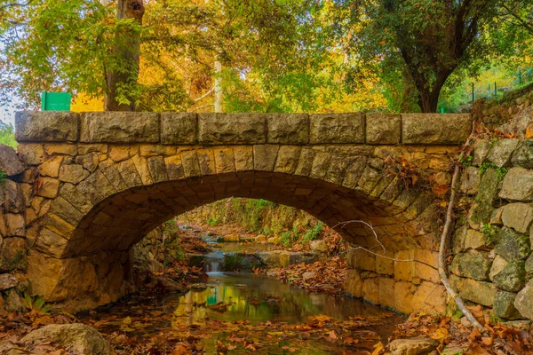 Vista Córrego Kesalon Com Uma Ponte Pedra Árvores Folhagem Queda — Fotografia de Stock