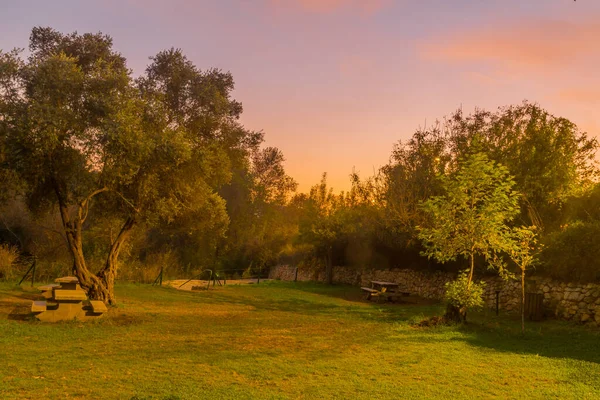 Sonnenuntergang Blick Auf Einen Picknickplatz Mit Bäumen Herbstlaub Und Dem — Stockfoto