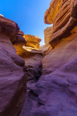 Kızıl Kanyon manzarası (kızıl kayalarla oyulmuş çöl vadisi). Eilat Dağları, Güney İsrail