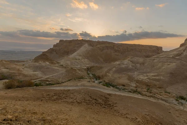 Vista Del Amanecer Fortaleza Masada Desierto Judea Sur Israel — Foto de Stock