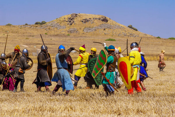 Lavi, Israel - July 02, 2021: Re-enactment of the 1187 Battle of the Horns of Hattin (Ayyubid sultan Saladin defeated the crusaders): Infantry fight. Horns of Hattin, Israel