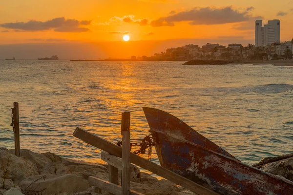 Vue Lever Soleil Sur Plage Carmel Direction Bat Galim Avec — Photo