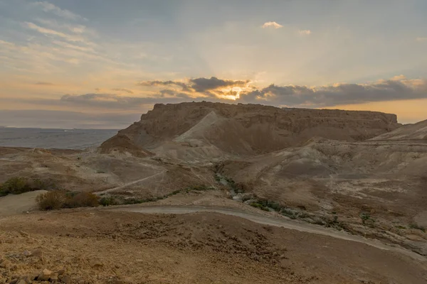 Vista Del Amanecer Fortaleza Masada Desierto Judea Sur Israel — Foto de Stock