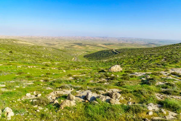 アマサ山とヤティール山から アラド谷と都市 モアフ山脈のユダヤ砂漠への眺め 南イスラエル — ストック写真