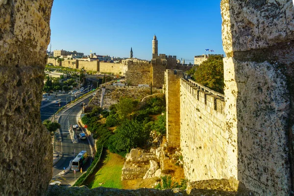 Jeruzalém Izrael Srpna 2021 Pohled Staré Městské Hradby Davidovou Věží — Stock fotografie