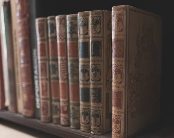 Brihuega, İspanya 13-11-2020 Bir antikacının rafındaki eski ciltli kitaplar