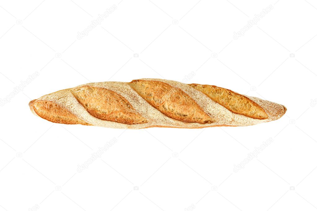 Baguette on a white background. Top view.