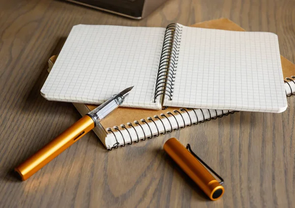 Penna Inchiostro Con Quaderni Tavolo Legno — Foto Stock