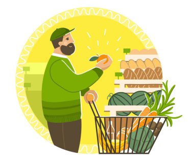 Mağazadaki bir adam yararlı eko-ürünler satın alıyor..