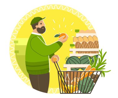 A man in the store buys useful eco-products. clipart