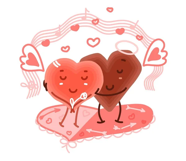 Illustration. Zwei Herzen umarmen einander, sie haben Liebe. Drucken zum Valentinstag Grußkarten. — Stockvektor