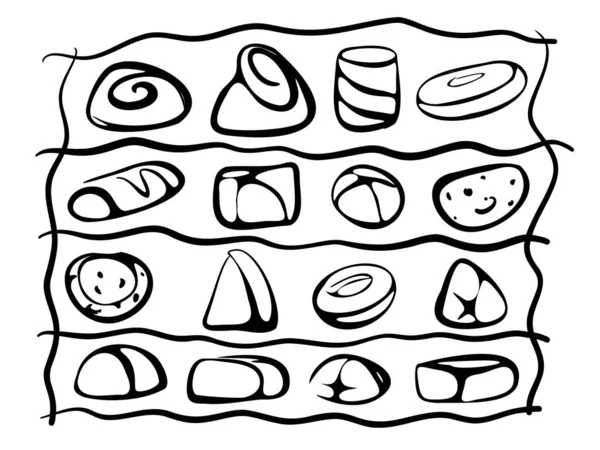 Set, icônes de différents types de bonbons, truffes au chocolat, croquis dessinés à la main avec un marqueur. — Image vectorielle