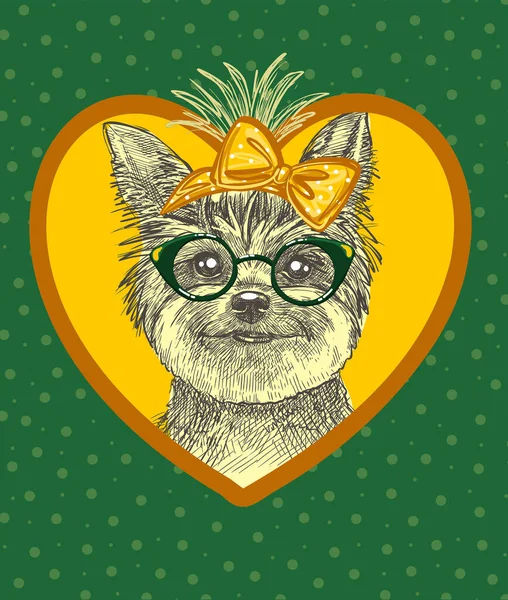 Модная милая собачка. Йоркширский терьер в модных зеленых очках и с платком на голове в стиле ретро. — стоковый вектор