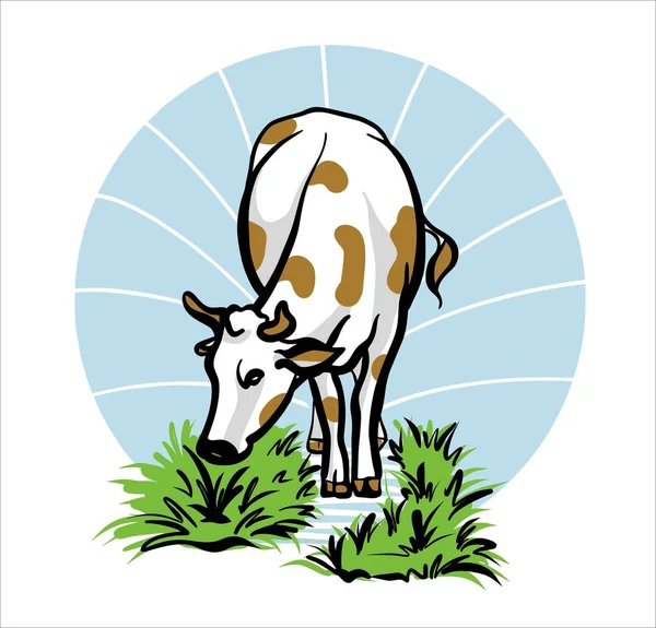 The cow stands tall. Composition in a circle. The emblem is colored. Illustration in vector. — Stock Vector