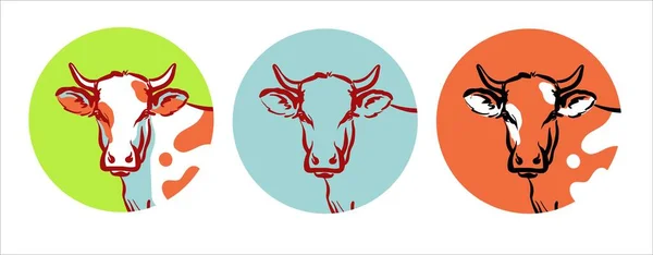 Ένα σετ εμβλημάτων λογότυπου. Το κεφάλι μιας αγελάδας ή ενός ταύρου σε κύκλο. — Διανυσματικό Αρχείο