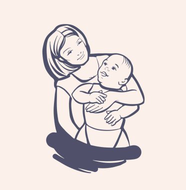 Genç bir kadın kucağında küçük bir çocuk tutuyor. Annem oynuyor ve bebeğe sarılıyor. Bir işaret, elle çizilmiş bir çizim..