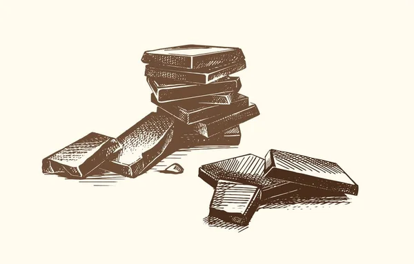 Ilustración hecha a mano. Pedazos de chocolate negro. El boceto es de un solo color. — Archivo Imágenes Vectoriales