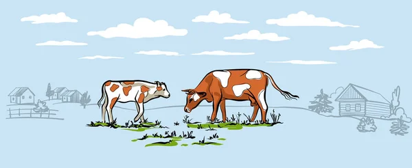 Vaca com bezerro andando no gramado no fundo da aldeia. Ilustração horizontal elegante em uma cor azul delicada. Para design de embalagens. Vetor. —  Vetores de Stock