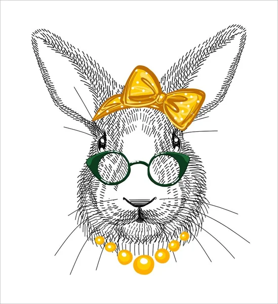 El personaje es un conejo en un lazo atado a la moda con gafas y perlas. La liebre es una belleza fashionista. — Archivo Imágenes Vectoriales