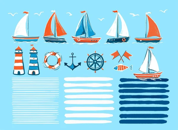 Stijlvolle marine cartoon met de hand getrokken set zeilboten. Vector illustratie op een geïsoleerde achtergrond - mariene elementen voor uw ontwerp. — Stockvector