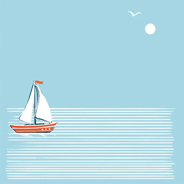 Um postal quadrado. Ilustração em estilo marinho retrô. Veleiro branco em listras brancas de água. — Vetor de Stock