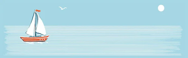 Banner horizontal. Ilustración en un estilo minimalista marino retro. Un velero blanco sobre rayas blancas de agua con fondo azul. — Vector de stock