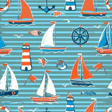 Mavi çizgili deniz temasında vektör pürüzsüz desen. Deniz fenerli yelkenliler, balıklar.