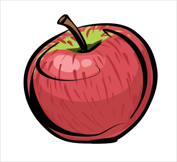 Ett äpple utan blad, rött med en liten grön spräcklig. Illustration en frihand skiss i färg, med en linjär svart kontur. — Stock vektor