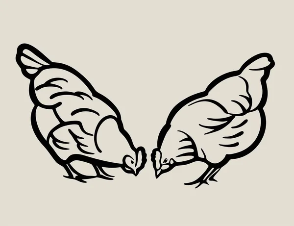 Duas galinhas jovens picam o grão. Ilustração do logotipo, em estilo preto e branco. — Vetor de Stock
