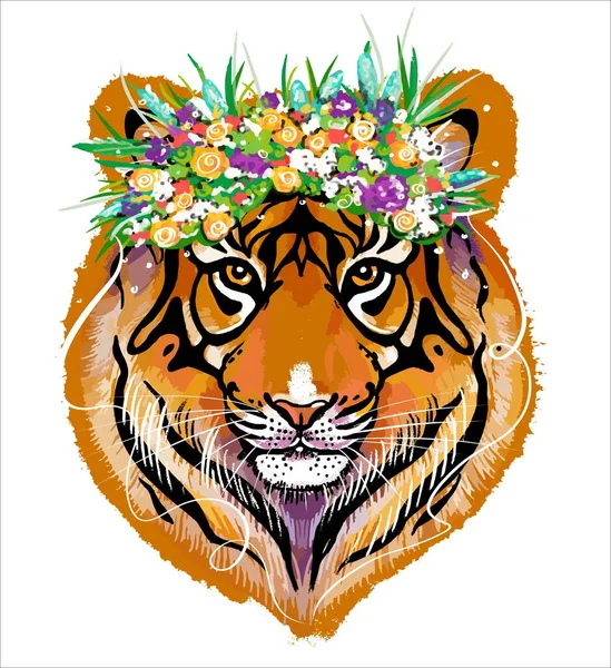 L'illustration est une aquarelle. Portrait d'un tigre avec une couronne de fleurs. — Image vectorielle
