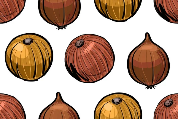 El patrón sin costuras es ligero. Plantas de cebolla morena, raíz vegetal. — Vector de stock