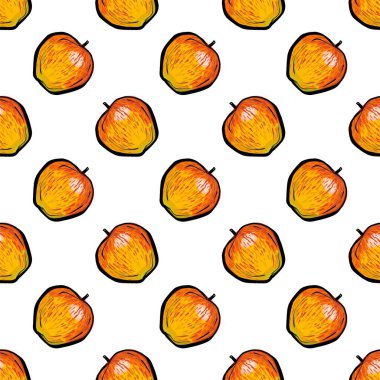 Kusursuz desen. Beyaz arka planda turuncu elmalar. Nadir bulunan bir benek deseni. Elma gerçekçi bir çizimdir..