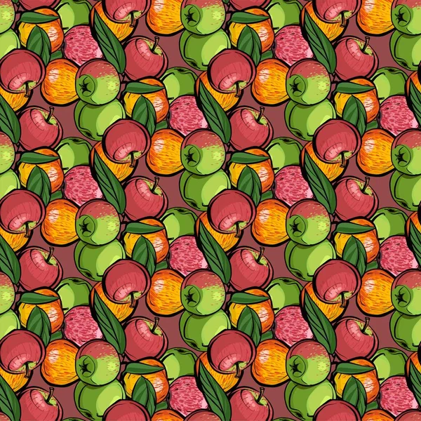 Nahtloses Muster. Verschiedene Apfelsorten mit Blättern auf rosa Hintergrund. Das Ornament ist komplex und dicht. Äpfel ist eine realistische Skizze. — Stockvektor