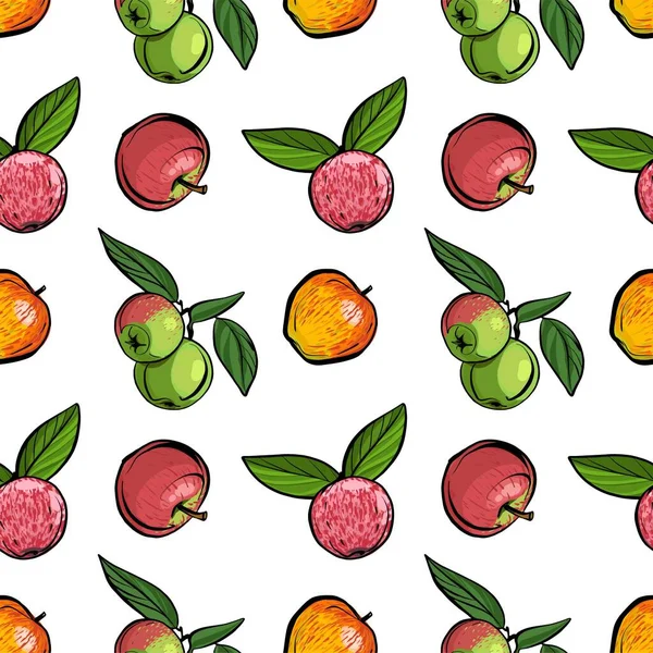 Patrón sin costuras. Diferentes variedades de manzanas con hojas sobre un fondo blanco, que puede ser reemplazado por su diseño. Manzanas es un boceto realista. — Vector de stock