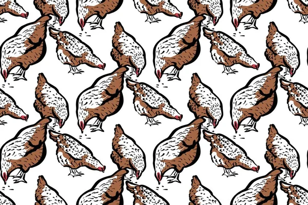 シームレスなパターン。鶏は白い背景に穀物をつまむ、密な装飾。現実的なスタイルでイラスト。ベクトル。レトロなスタイルでファッショナブルなスタイルのイラスト. — ストックベクタ